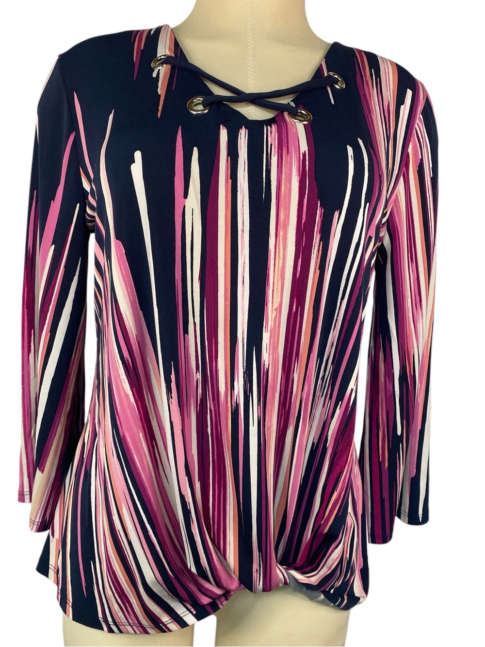 JM Collection Navy Purple Long-Sleeve Lace-Up Top Women’s Medium